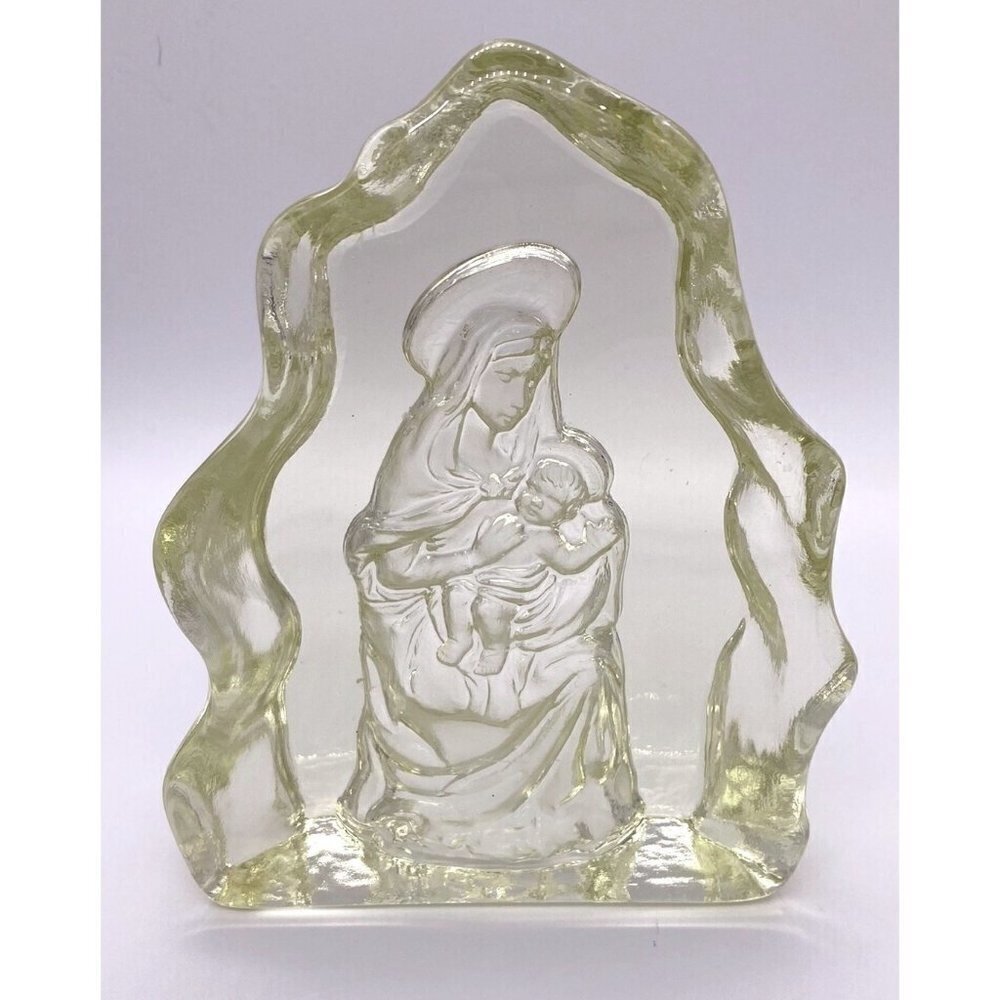 Mother Mary Baby Jesus Clear Glass Art Statue, 6 inches tall